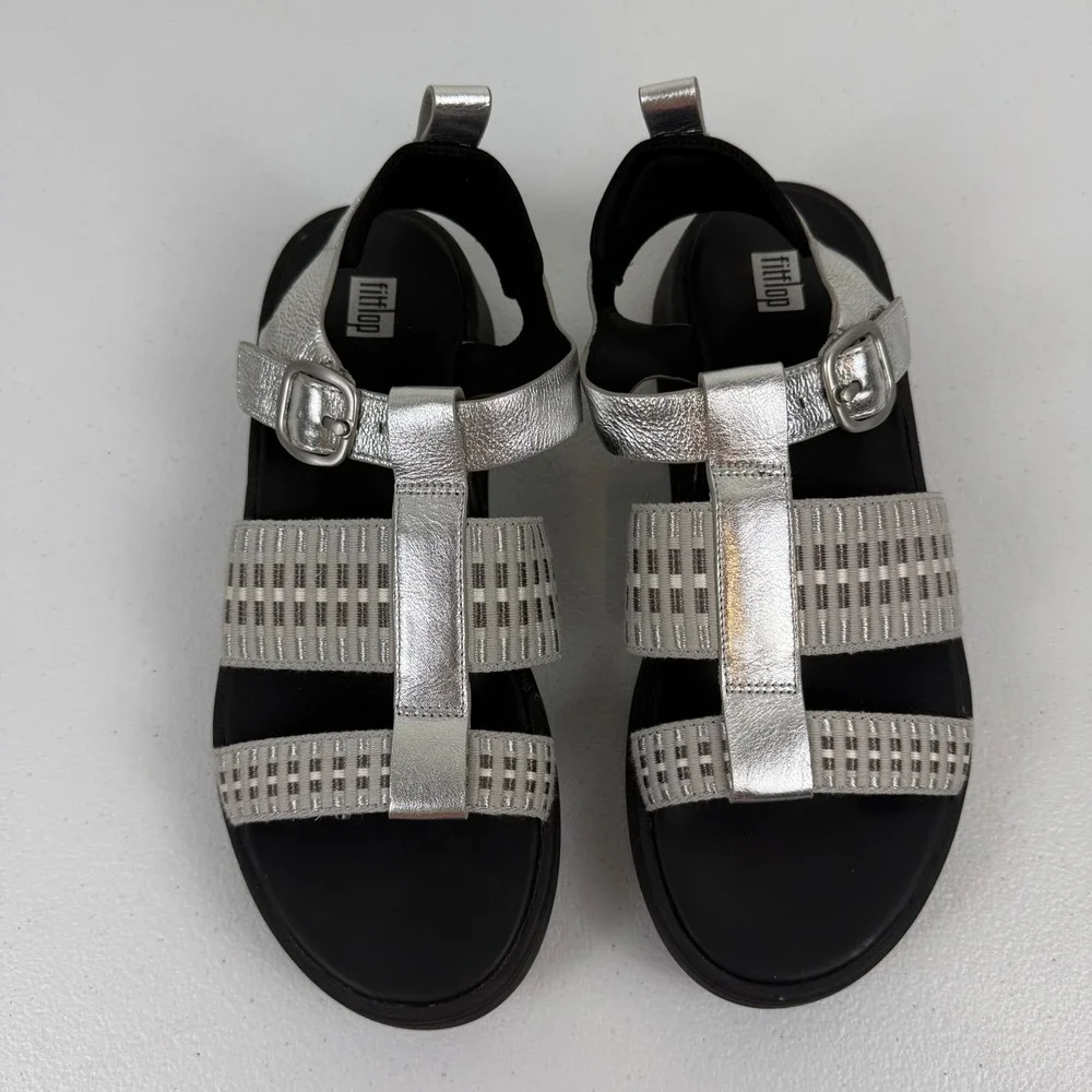 FITFLOP F-MODE METALLIC-LEATHER/WEBBING FLATFORM FISHERMAN SANDALS Women's 9 US